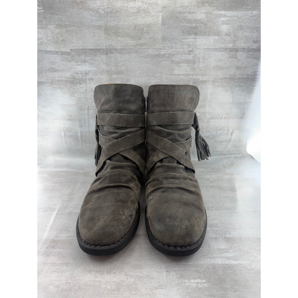 Born F51542 Grey Suede Tassel Ankle Boots Women Sz 11M Crisscross Straps
